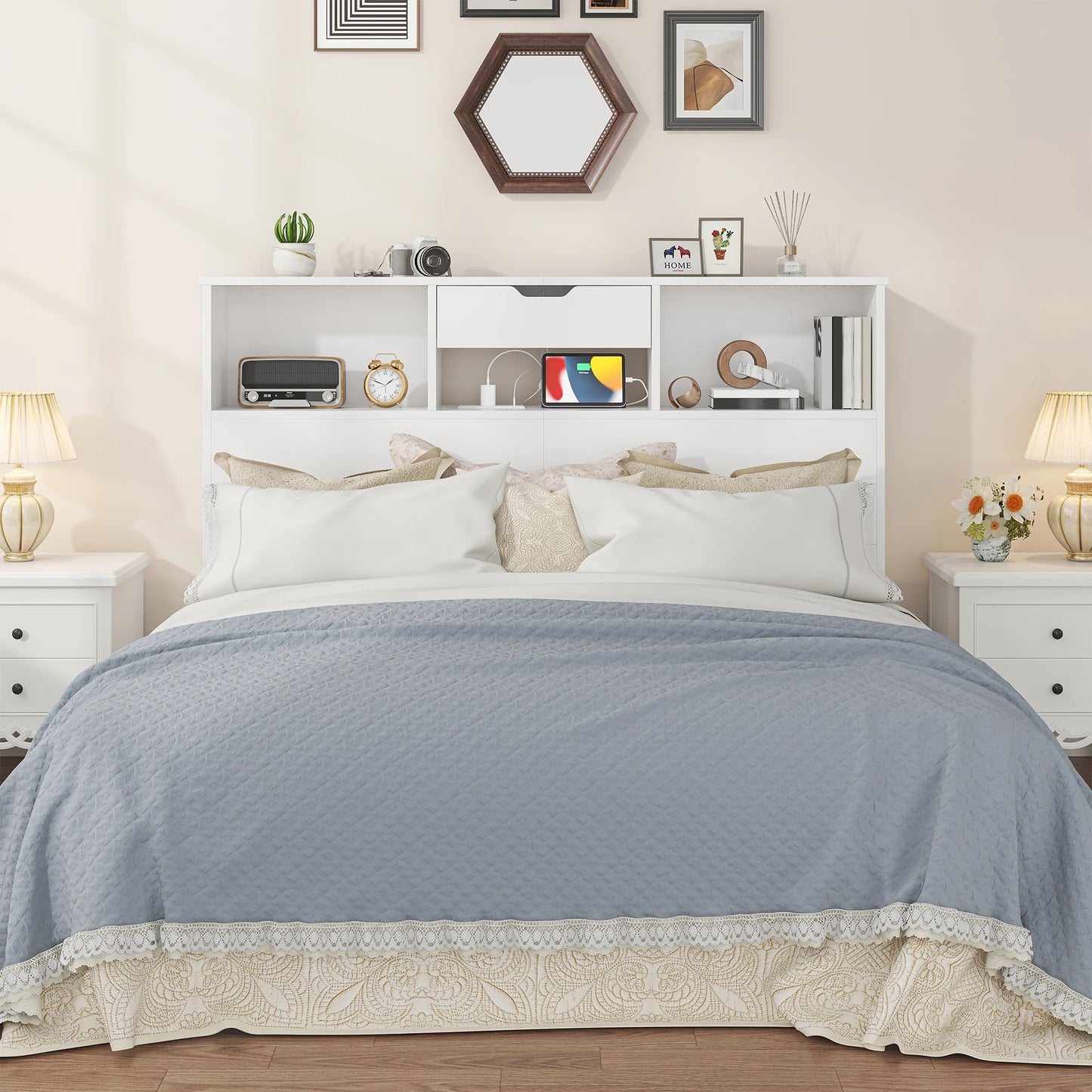 Full/Queen Headboard with Storage Shelf and Drawers, Morden White Headboard with Charging Station & LED Lights, Wood Deep Bookcase Headboards for Bedroom, 2 Tiers Storage, White