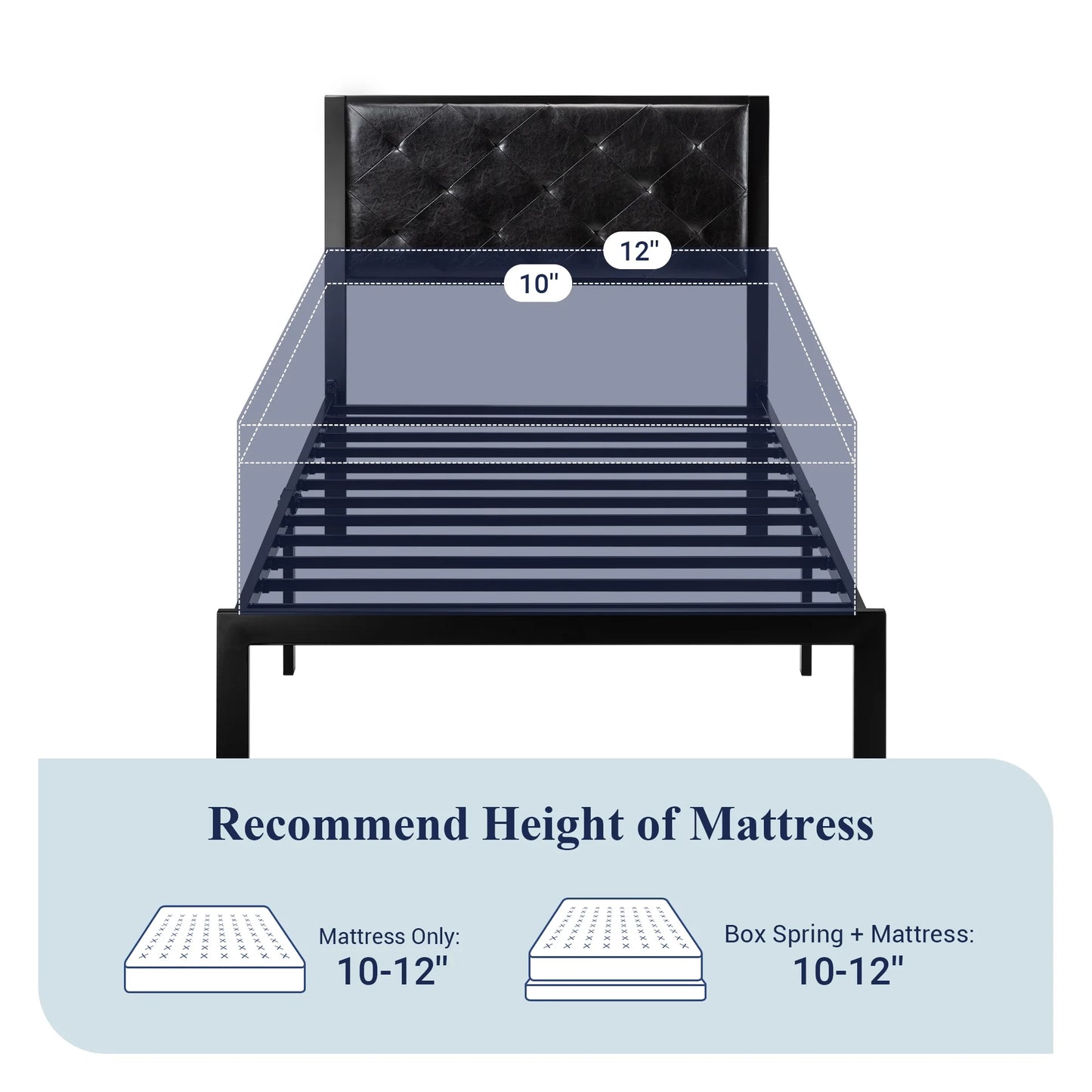 Twin Platform Bed Frame with Diamond Stitched Tufted Faux Leather Upholstered Headboard, Black
