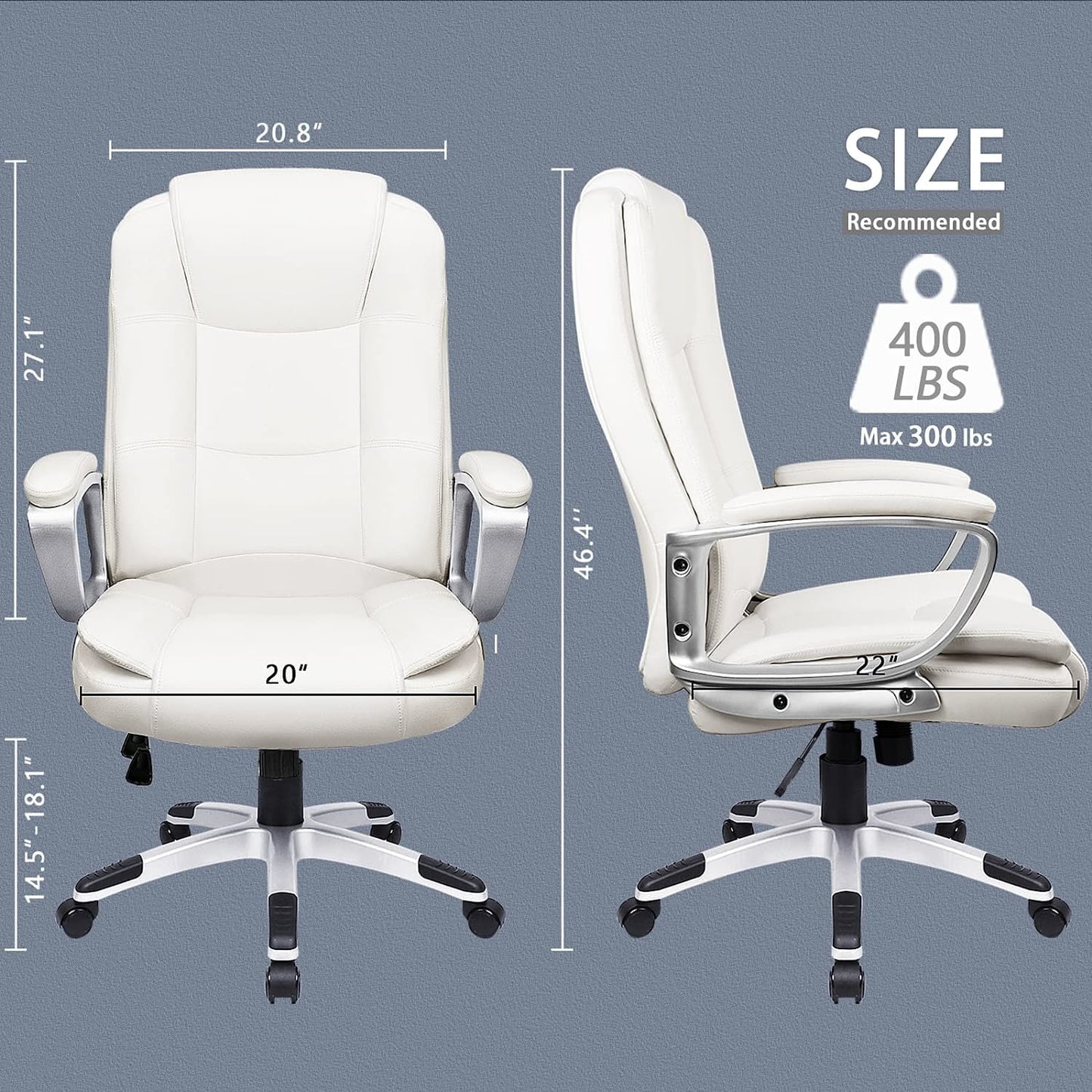 Big and Tall Office Chair Computer Desk Chair - Ergonomic High Back Lumbar Support Home Office Chair with Padded Flip-up Arms, Adjustable Height Leather Office Executive Chair (White)