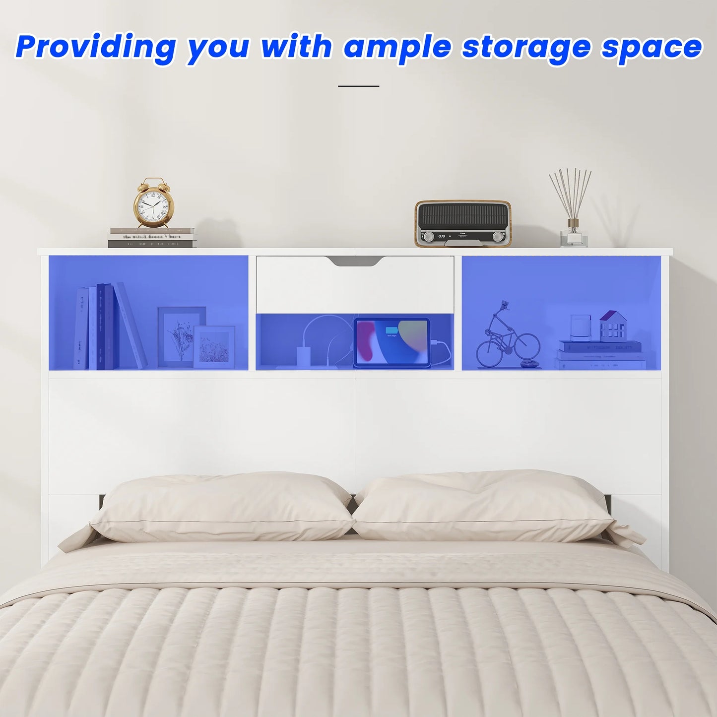 Full/Queen Headboard with Storage Shelf and Drawers, Morden White Headboard with Charging Station & LED Lights, Wood Deep Bookcase Headboards for Bedroom, 2 Tiers Storage, White
