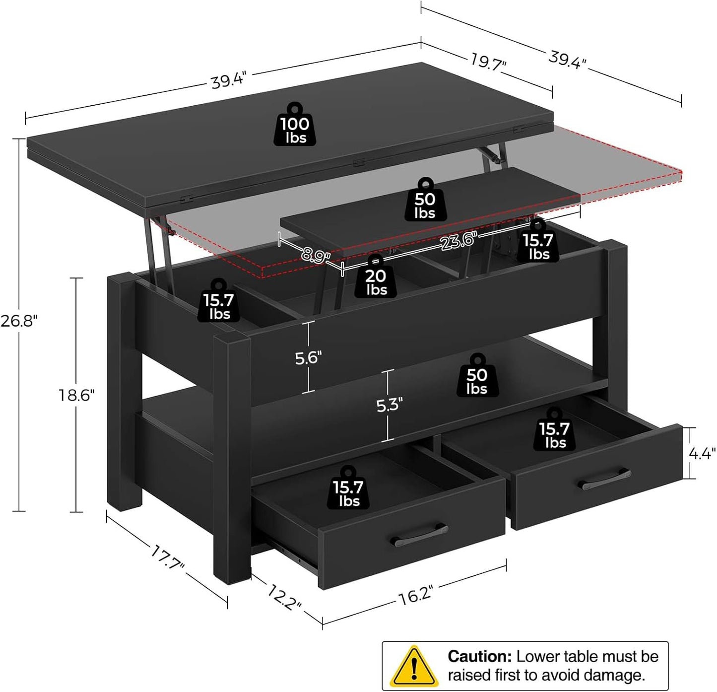 Coffee Table Lift Top, Multi-Function Convertible Coffee Table with Drawers and Hidden Compartment, Converts to Dining Table for Living Room, Home Office,Black