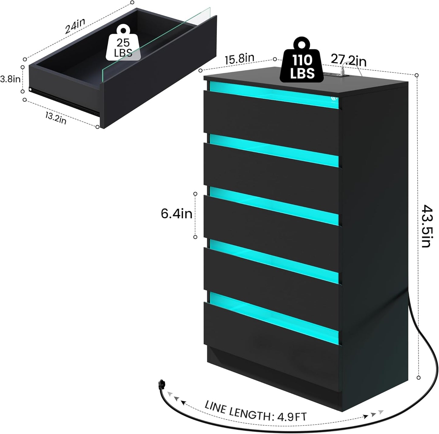5 Drawer Tall Dresser with Power Outlets & LED Lights, Black Dresser with Embedded Handle, Modern Wood Dresser for Bedroom, Living Room, Hallway
