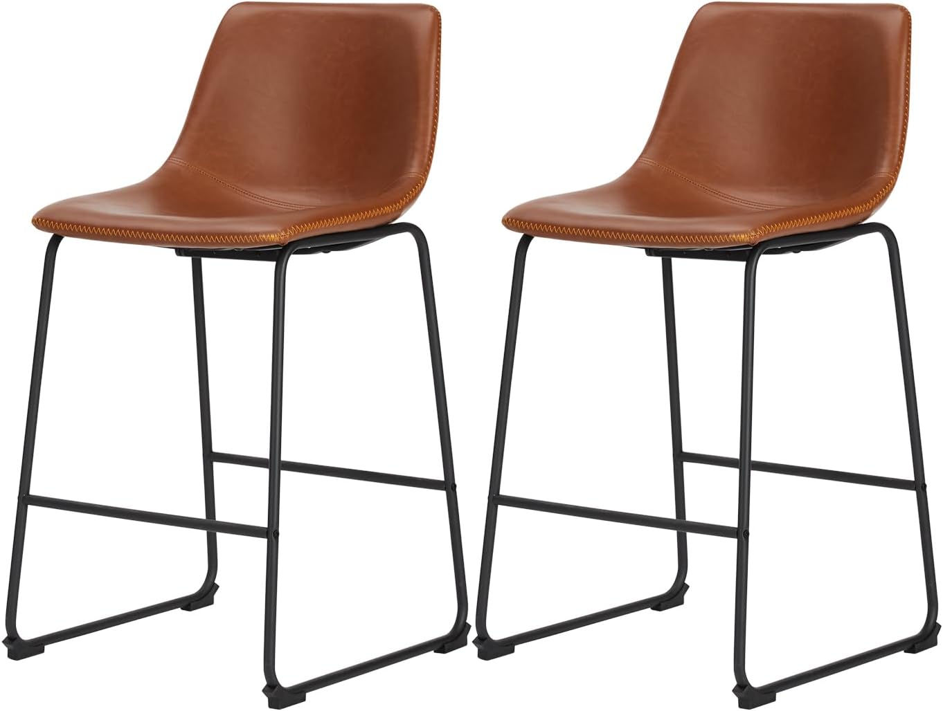 Counter Height Bar Stools Set of 2, Modern Counter Stool Faux Leather Barstools with Back, 26 inch Seat Height Island Stools Countertop Comfortable Brown Bar Chairs with Metal Legs