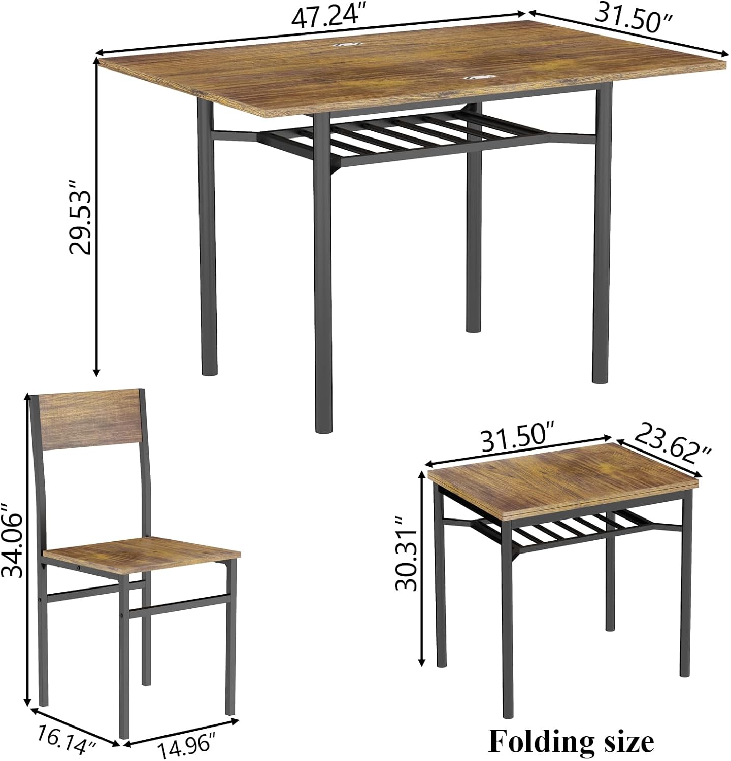 Dining Table Set for 2-6,Folding Dining Table with Storage Rack,5-Piece Extendable Kitchen Table Set with Space-Saving,Dining Room Table Set with 4 Chairs for Dinner Kitchen Office Furniture (Brown)