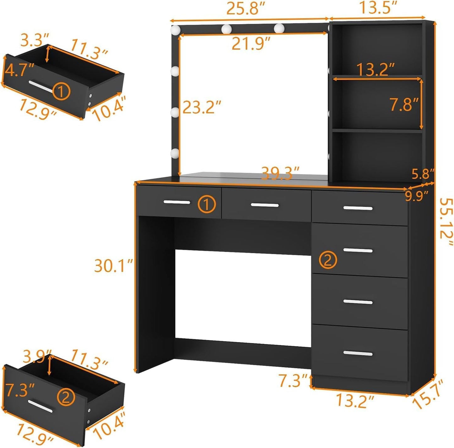 Vanity Desk with Lighted Mirror & Power Outlet, Makeup Vanity Table with 6 Drawers, 3-Tier Shelf, Vanity Dresser with 10 Lights in 3 Lighting Colors for Bathroom, Bedroom,Makeup Room, Black