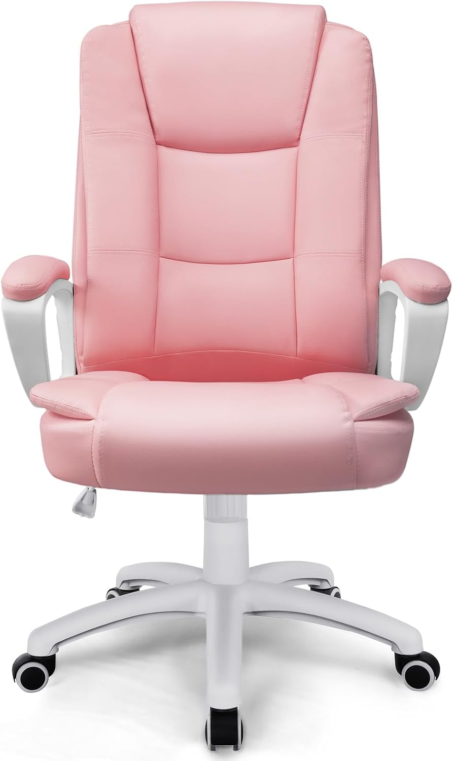 Home Office Chair, Ergonomic Desk Chair, Adjustable Task Chair for Lumbar Back Support, Computer Chair with Rolling Swivel and Armrest, Modern Executive High Back Leather Chairs (Pink)