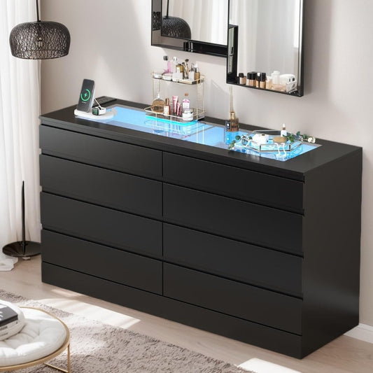 8 Drawer Dresser with Glass Top & Power Outlet, White Dresser for Bedroom with LED Light, Modern Chest of Drawer Double Wide Drawers Organizer Cabinet for Bedroom, Living Room (Black)
