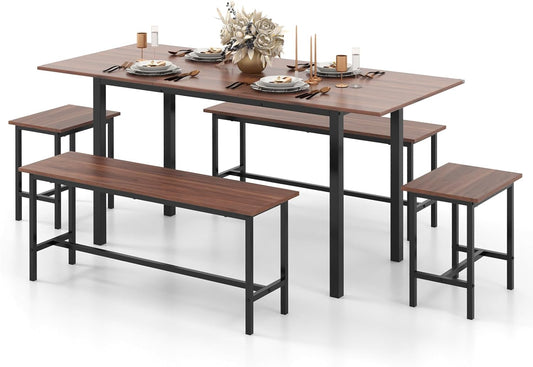 Dining Table Set for 4-6, 5-Piece Kitchen Table Chairs Set, 63” Extendable Table with 2 Benches, 2 Stools, Dinette Table Set, Breakfast Nook Table Set, Dining Room Table Set