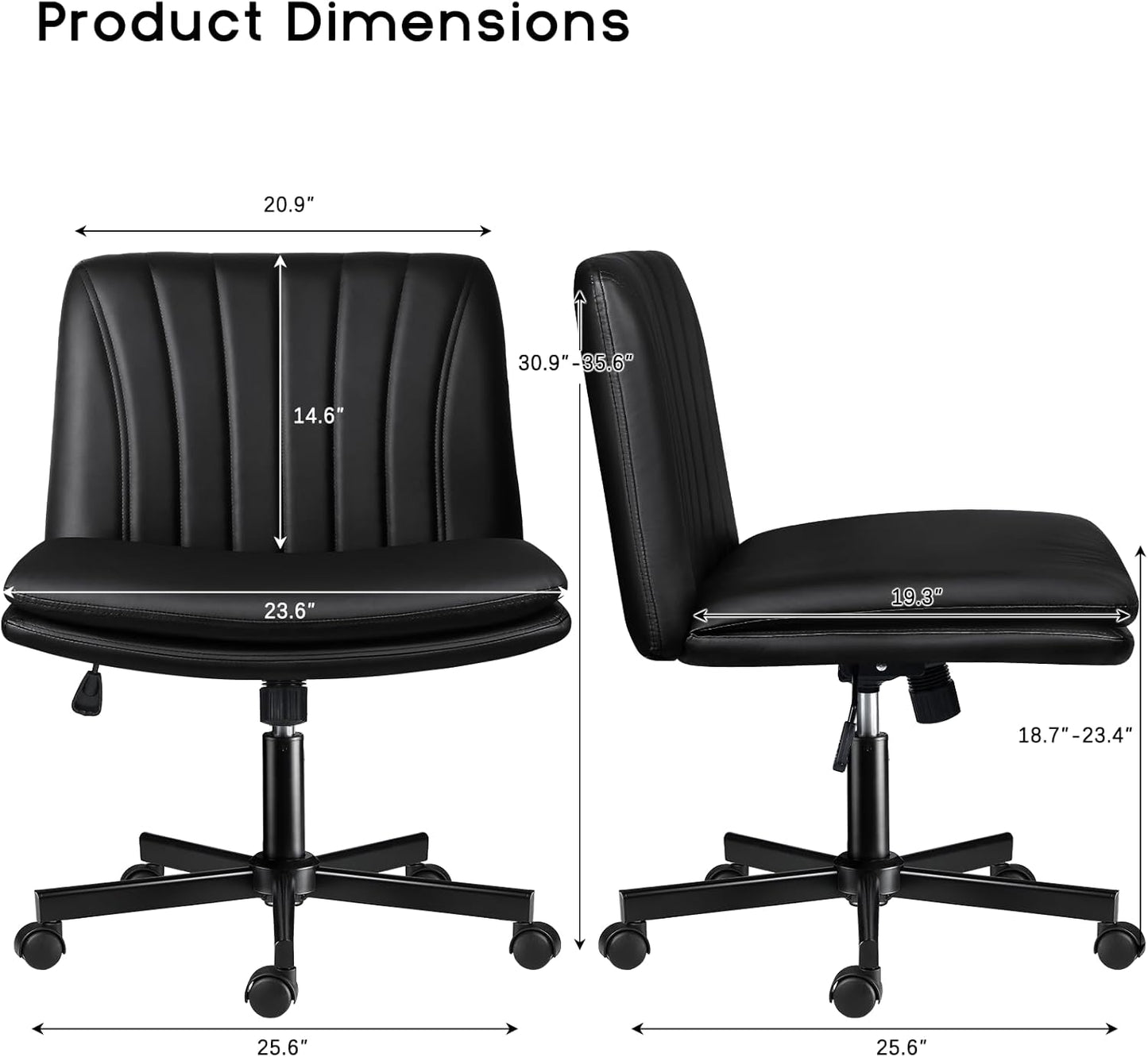 Modern Black Criss Cross Office Chair, Comfy Cross Legged Desk Chair with Wheels, PU Leather Armless Makeup Vanity Chair, Swivel Height Adjustable Mid Back Wide Seat Computer Task Chair