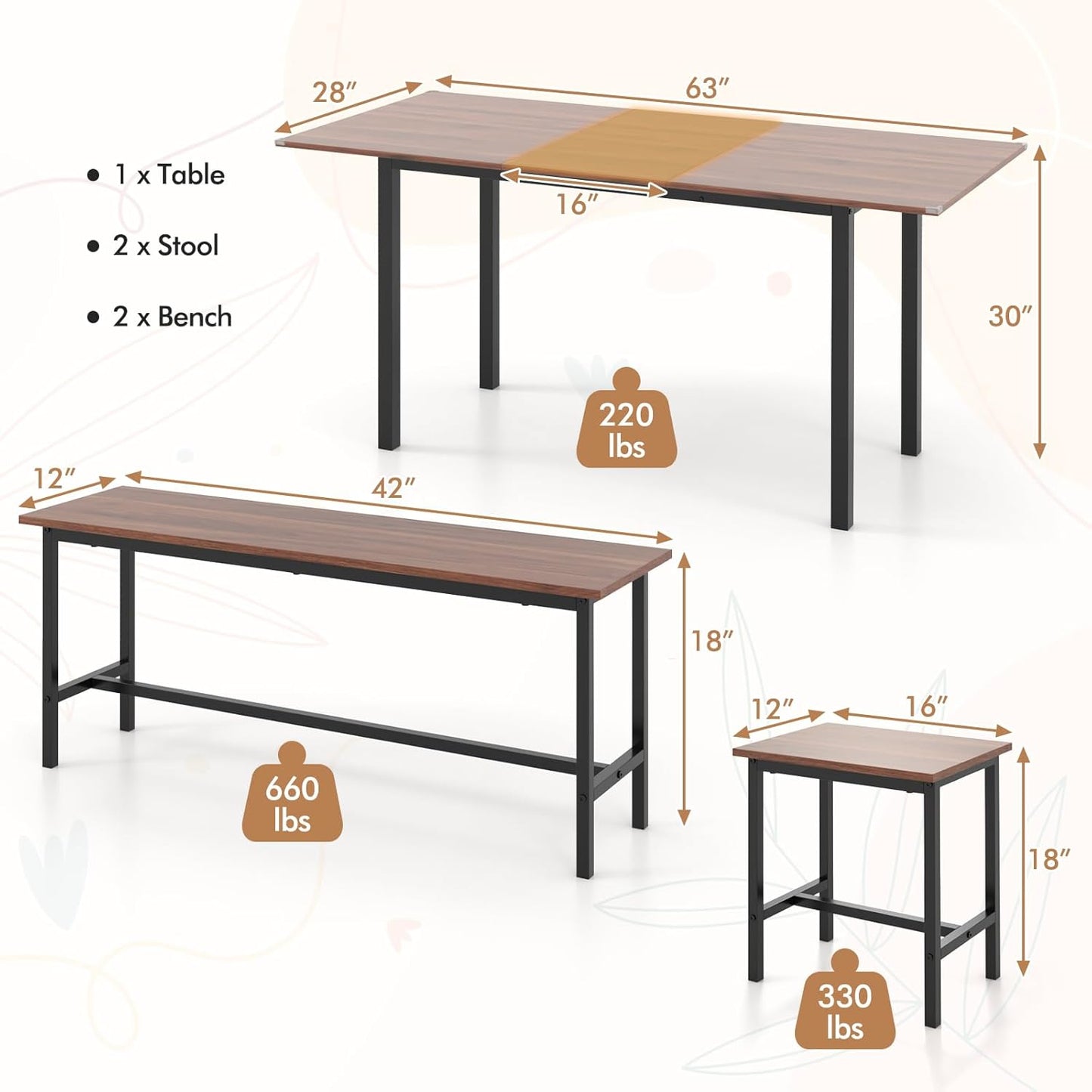 Dining Table Set for 4-6, 5-Piece Kitchen Table Chairs Set, 63” Extendable Table with 2 Benches, 2 Stools, Dinette Table Set, Breakfast Nook Table Set, Dining Room Table Set