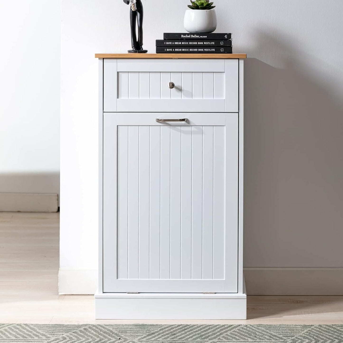 Trash Cabinet Tilt Out Freestanding, Pet Proof Kitchen Trash Cabinet Laundry Hamper with Cutting Board, Wood Garbage Recycling Station Hideaway Trash Holder Drawers (1, White)