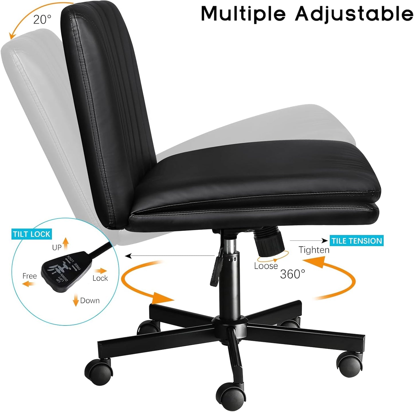 Modern Black Criss Cross Office Chair, Comfy Cross Legged Desk Chair with Wheels, PU Leather Armless Makeup Vanity Chair, Swivel Height Adjustable Mid Back Wide Seat Computer Task Chair