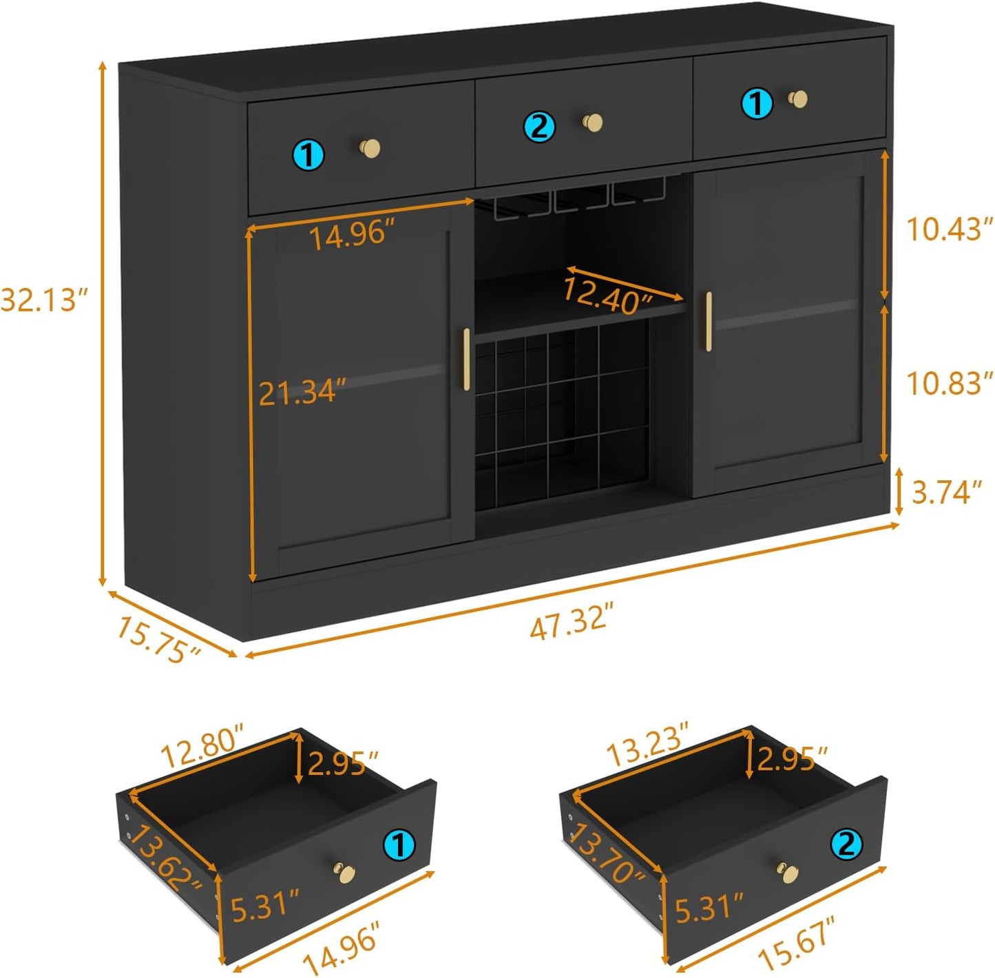 Wine Bar Cabinet with LED Light, Home Coffee Cabinet with Wine and Glass Rack, Kitchen Buffet Sideboard with Storage Cabinet&Drawers, Modern Liquor Cabinet for Living Room Dining Room (Black.)
