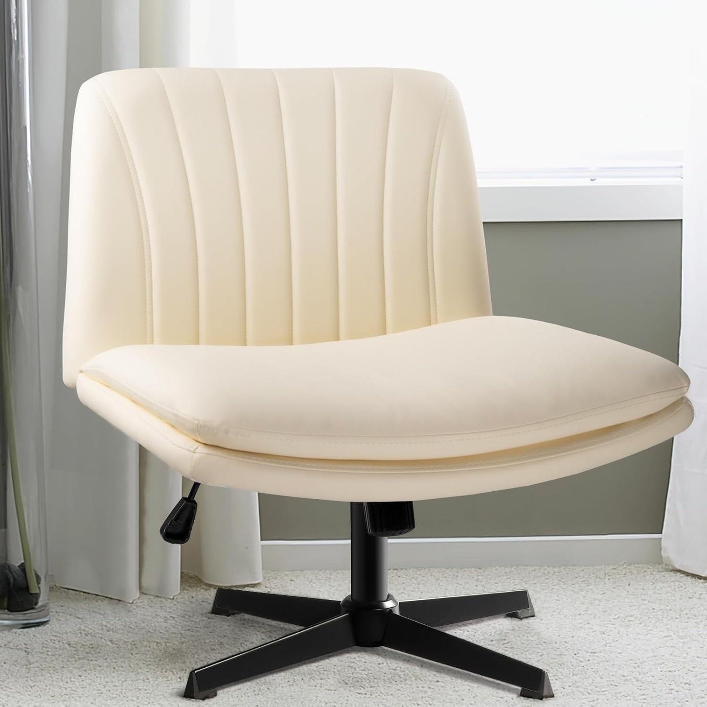 PU Leather Armless Office Desk Chair No Wheels,Criss Cross Legged Wide Padded Seat Swivel Vanity Chair,120°Rocking Mid Back Ergonomic Computer Task Chair for Make Up,Small Space