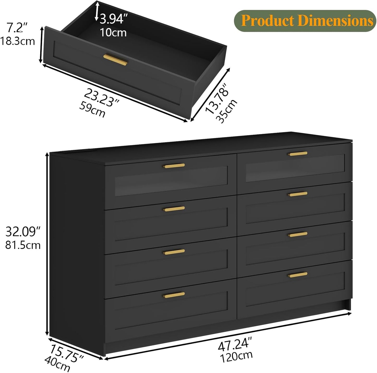 8 Drawers Dresser with Charging Station, White Dresser for Bedroom with LED Lights, Modern Chest of Drawers for Closet, Double Wide Dressers Organizer for Bedroom, Living Room, Entryway (Black)