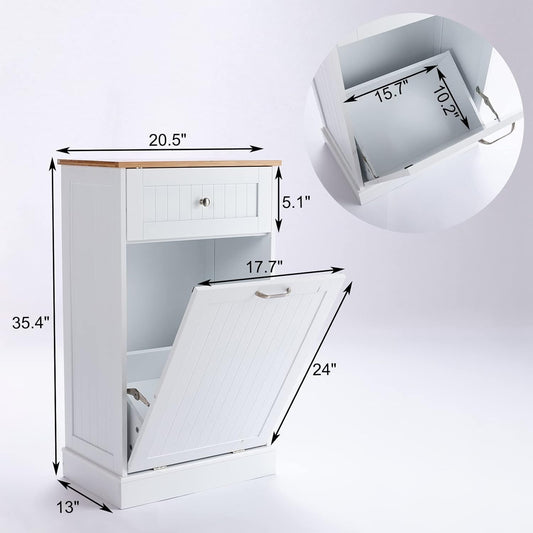 Trash Cabinet Tilt Out Freestanding, Pet Proof Kitchen Trash Cabinet Laundry Hamper with Cutting Board, Wood Garbage Recycling Station Hideaway Trash Holder Drawers (1, White)