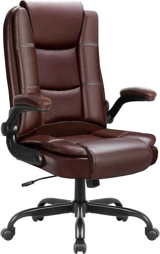 Big and Tall Office Chair Computer Desk Chair - Ergonomic High Back Lumbar Support Home Office Chair with Padded Flip-up Arms, Adjustable Height Leather Office Executive Chair (Brown)