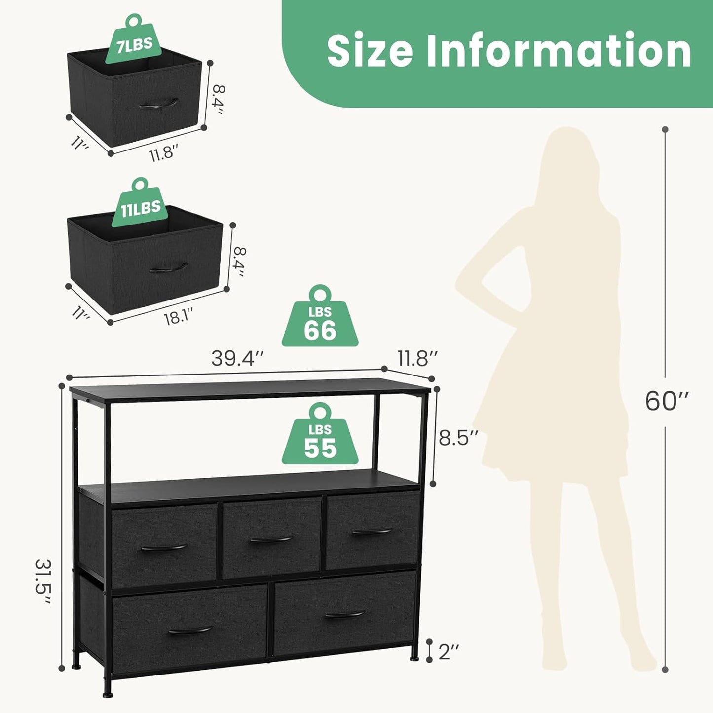 TV Stand Dresser for Bedroom with 5 Fabric Drawer,Entertainment Center for 45 inch Television, Media Console Table with Storage, Open Shelf, Adjustable Feet, Living Room Furniture, Blac