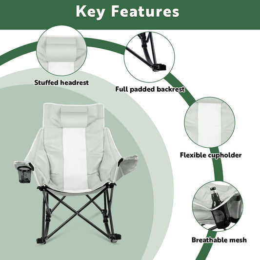 Oversized Rocking Camping Chair, Luxury Padded Recliner,Oversized Folding Lawn Chair with Pocket and Carry Bag,Outdoor Camp Rocker Chairs for Adults Heavy Duty 300 LBS (Grey)