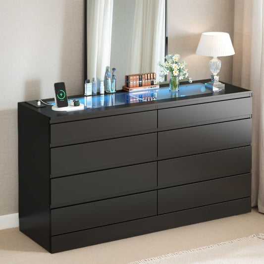 8 Drawer Dresser with Glass Top & Power Outlet, White Dresser for Bedroom with LED Light, Modern Chest of Drawer Double Wide Drawers Organizer Cabinet for Bedroom, Living Room (Black)