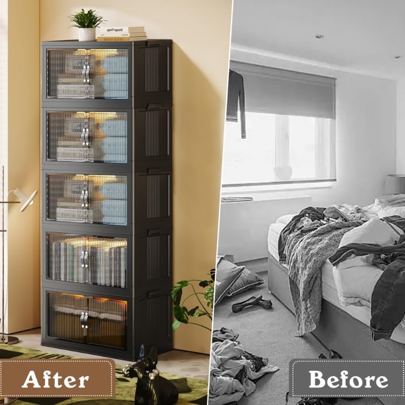 136Gal/543Qt Stackable Storage Bins Folding Collapsible Storage Bins with Lid, Closet Organizers and Storage, Storage Box with Door Black 26" W x 17" D x 71" H