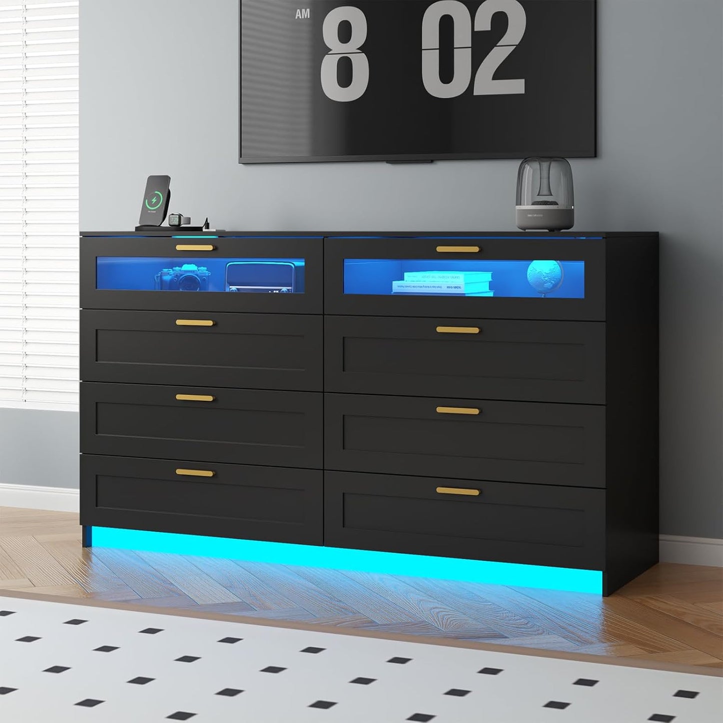 8 Drawers Dresser with Charging Station, White Dresser for Bedroom with LED Lights, Modern Chest of Drawers for Closet, Double Wide Dressers Organizer for Bedroom, Living Room, Entryway (Black)