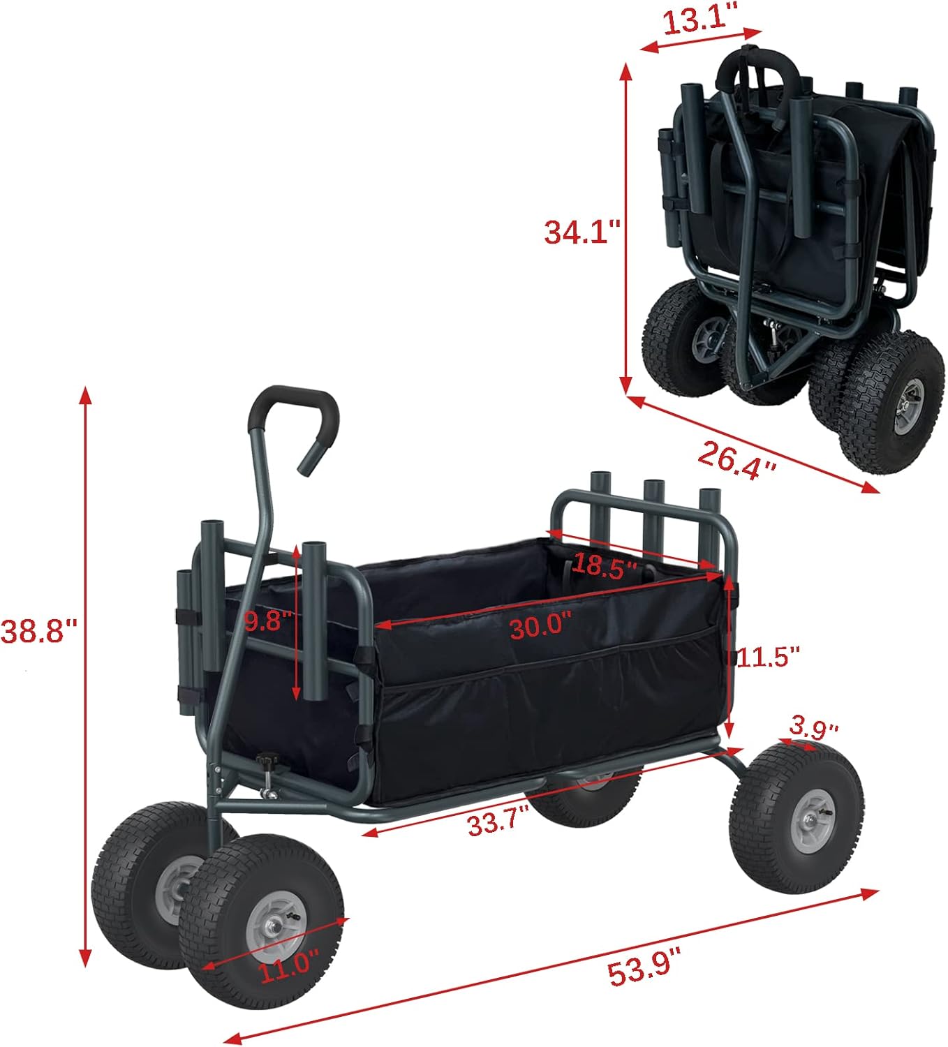 Fishing Cart Beach Carts Heavy Duty Foldable Collapsible Wagon with Big Wheels and Rod Holders 550 Pound Capacity 53.9"x26.4"x38.8"