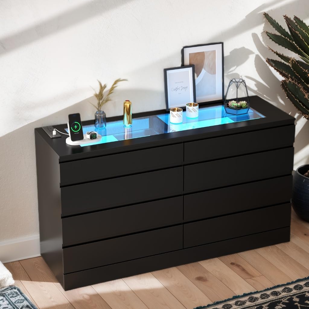 8 Drawer Dresser with Glass Top & Power Outlet, White Dresser for Bedroom with LED Light, Modern Chest of Drawer Double Wide Drawers Organizer Cabinet for Bedroom, Living Room (Black)
