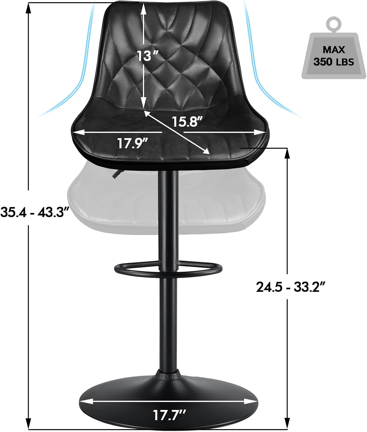 Adjustable Swivel Bar Stools Set of 2, Counter Height PU Leather Bar Stool with Back and footrest, Modern Upholstered Pub Bar Stools for Kitchen Island, 350 LBS Capacity