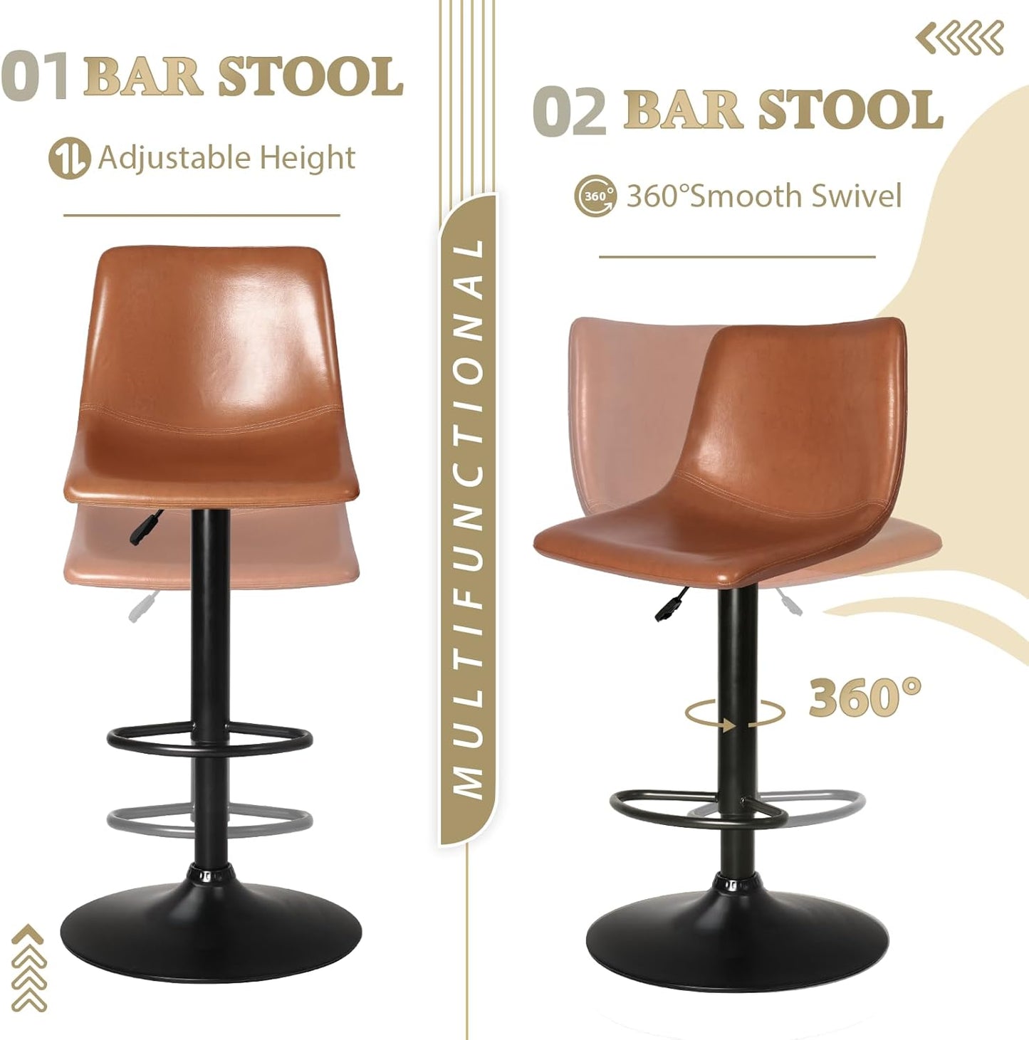 Bar Stools Set of 2 Modern Swivel Barstools Counter Height with Backrest, Faux Leather Upholstered Bar Chairs for Kitchen Island, Brown
