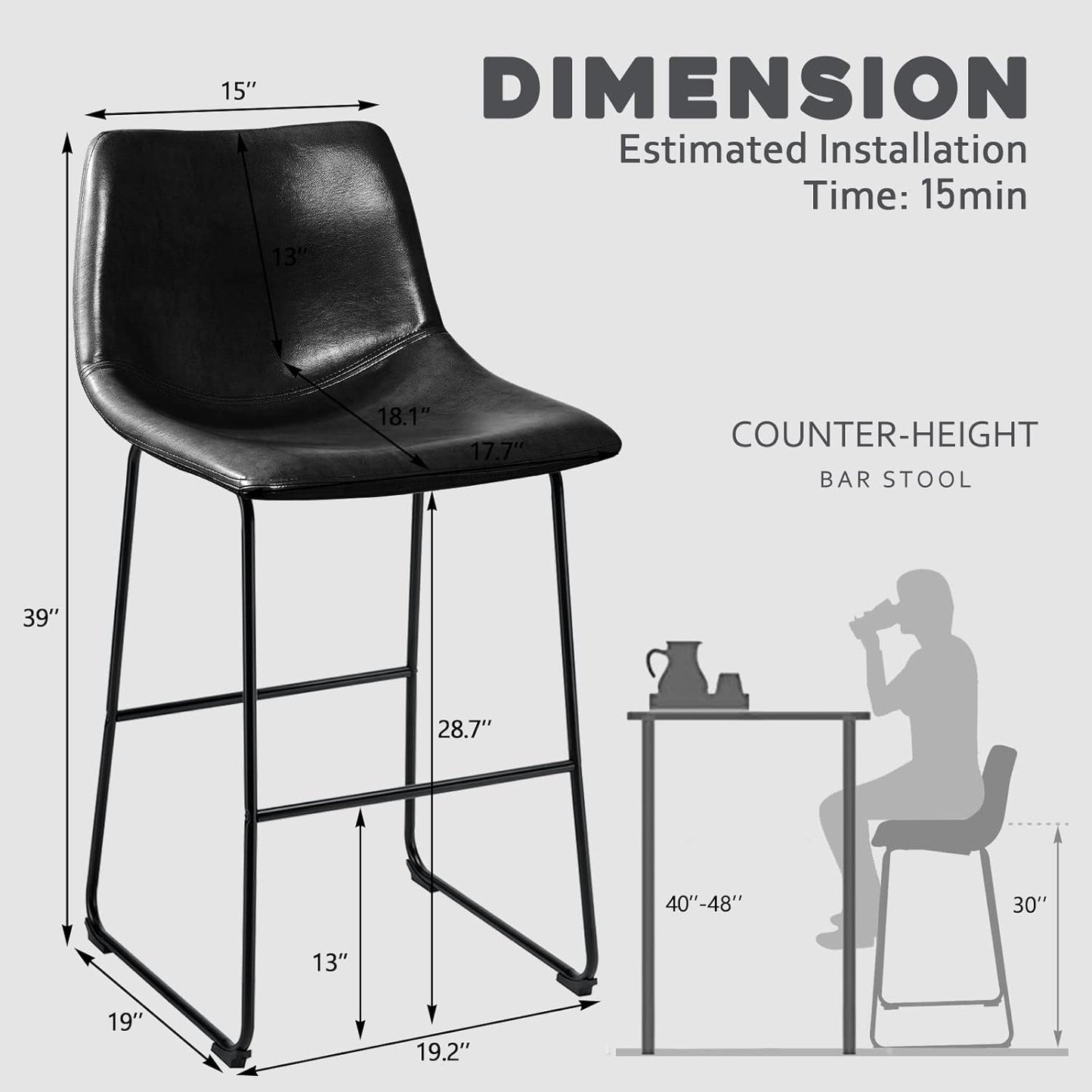 30 inch Bar Stools Set of 2,Counter Height Bar Stools with Back, Modern PU Leather Stools with Metal Leg and Footrest (Black, 2 Pcs 30" Counter Height Barstools)