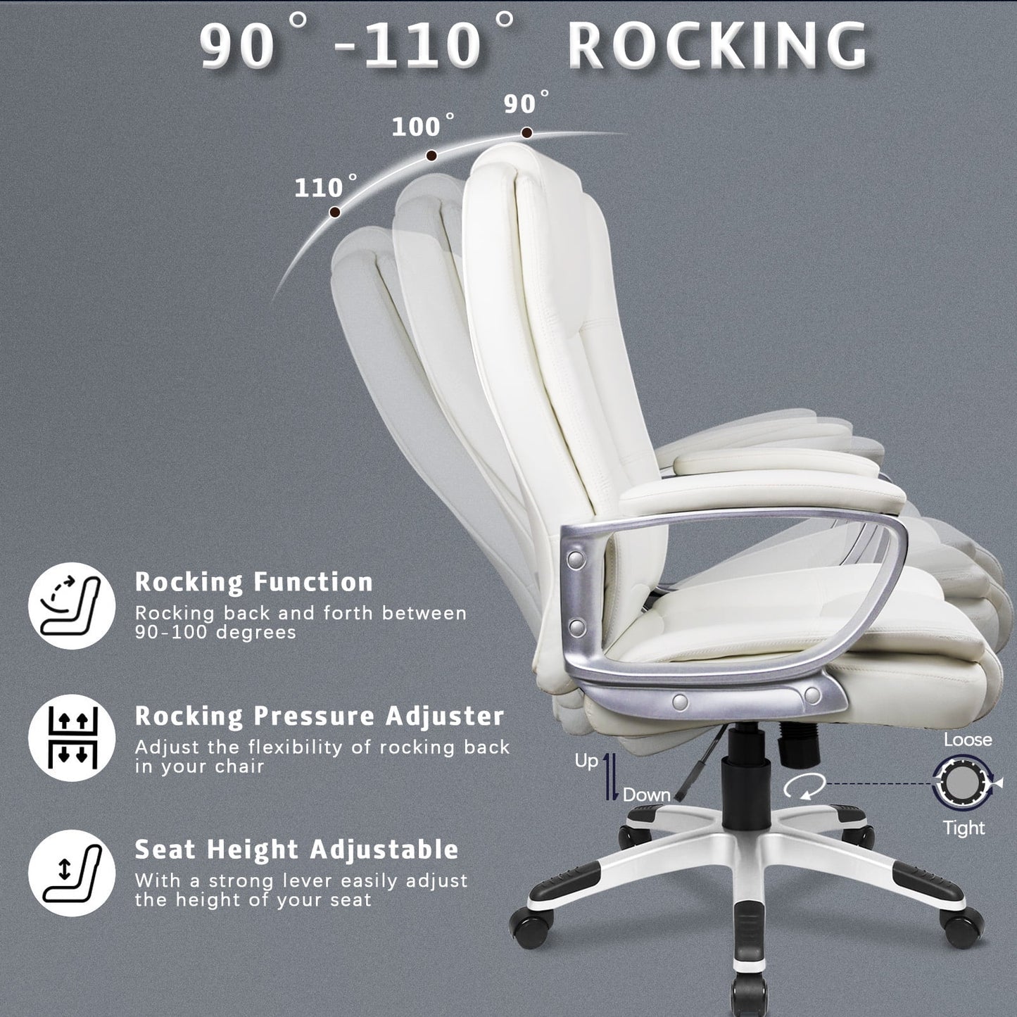 Big and Tall Office Chair Computer Desk Chair - Ergonomic High Back Lumbar Support Home Office Chair with Padded Flip-up Arms, Adjustable Height Leather Office Executive Chair (White)