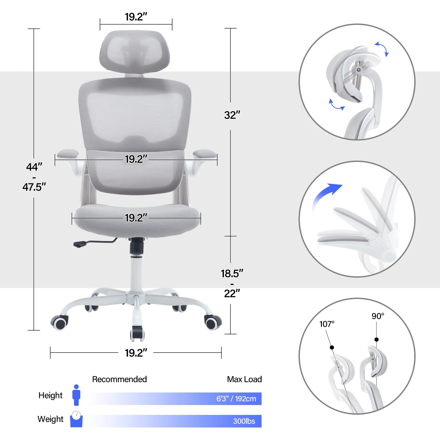 Ergonomic Office Chair with Tilt-Lock, Home Office Desk Chair with Auto Lumbar Support, High Back Mesh Desk Chair with Adjustable Headrest, Swivel Task Chair or Study Room Bedroom,Light Gray
