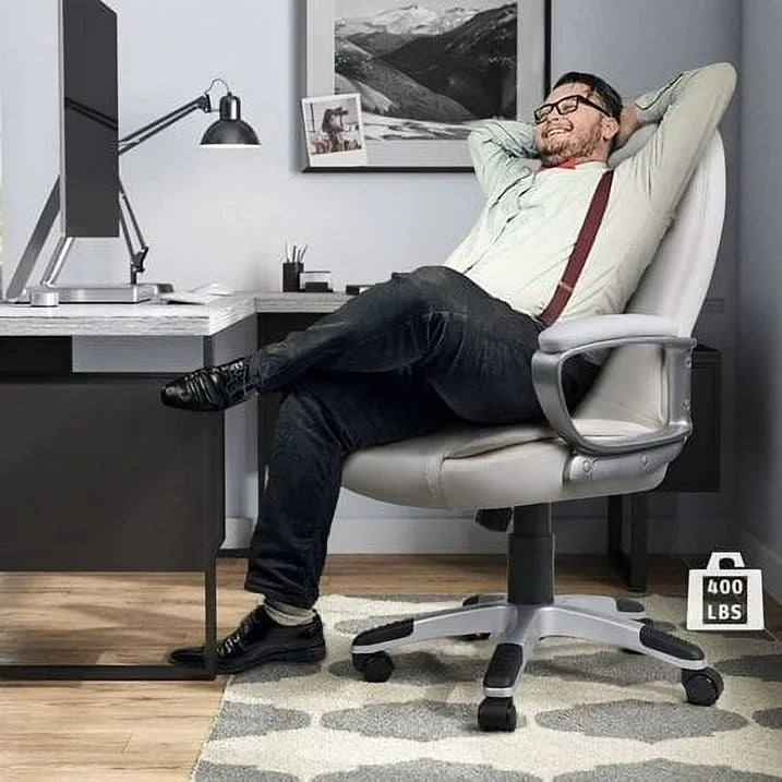 Big and Tall Office Chair Computer Desk Chair - Ergonomic High Back Lumbar Support Home Office Chair with Padded Flip-up Arms, Adjustable Height Leather Office Executive Chair (White)