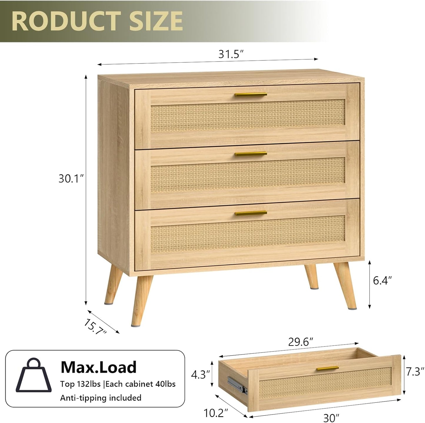3 Drawer Dresser for Bedroom, Rattan Chest of Dressers, Boho Rattan Dresser Modern Wood Chest of Drawers with Golden Handles, Beside Table for Entryway, Living Room, Hallway, Bedroom (3 Drawers)