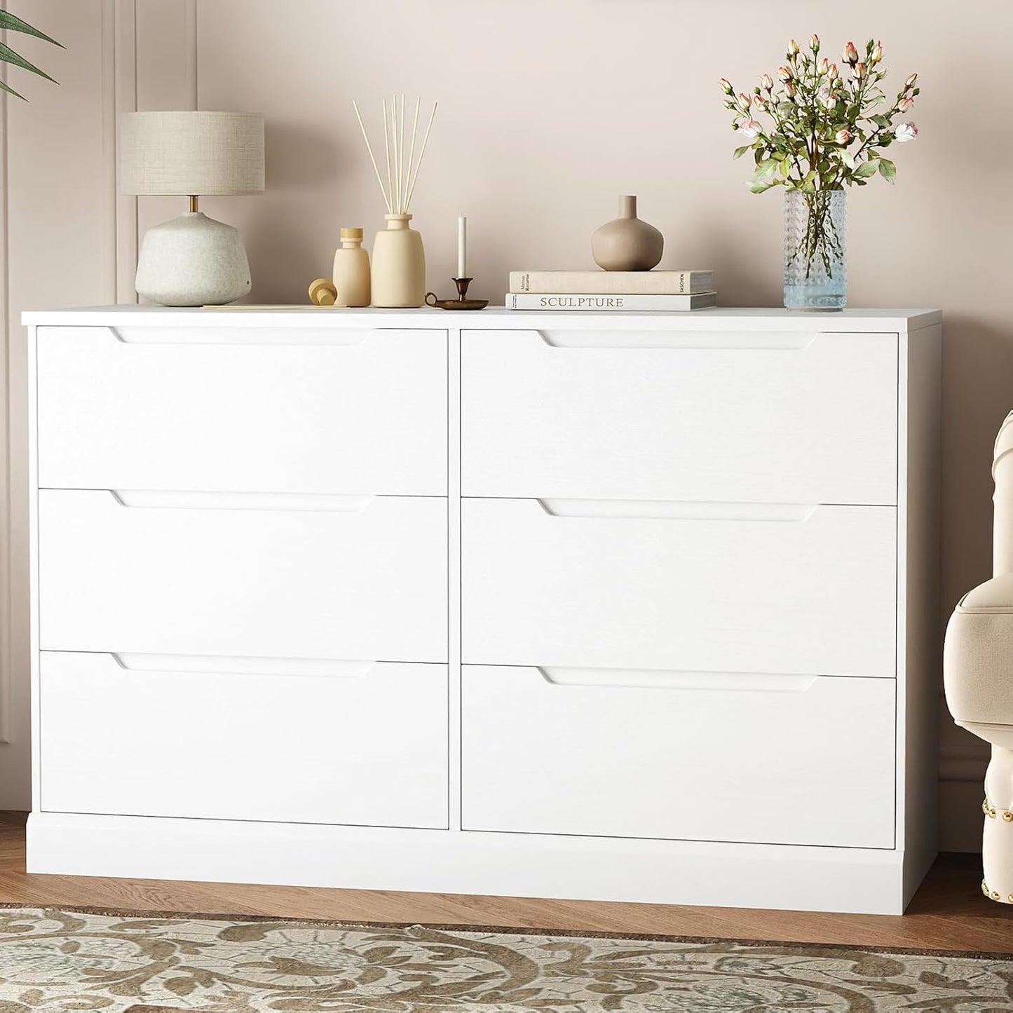 White Dresser,6 Drawer Dresser Modern Wooden Closet Dressers for Bedroom, Living Room, Hallway, Entryway, Cloakroom, or Dressing Room,White