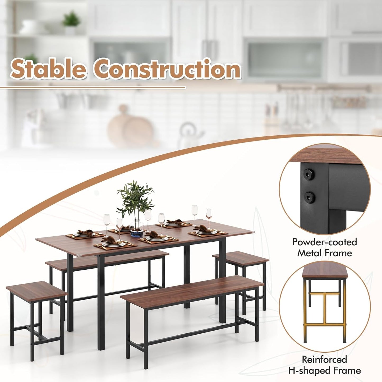 Dining Table Set for 4-6, 5-Piece Kitchen Table Chairs Set, 63” Extendable Table with 2 Benches, 2 Stools, Dinette Table Set, Breakfast Nook Table Set, Dining Room Table Set