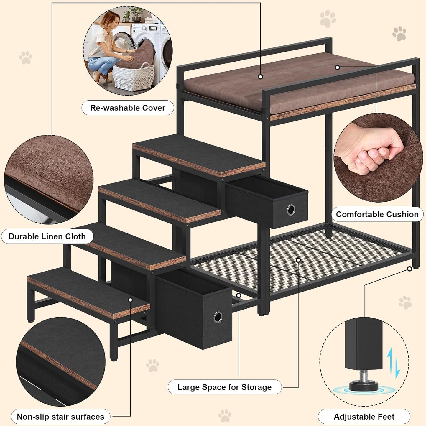Pet Bunk Bed with Stairs and Storage, Dogs/Cats Window Perch, Bedside Lounge Elevated Dog Bed Multi-Level Platform with Foam Upholstery