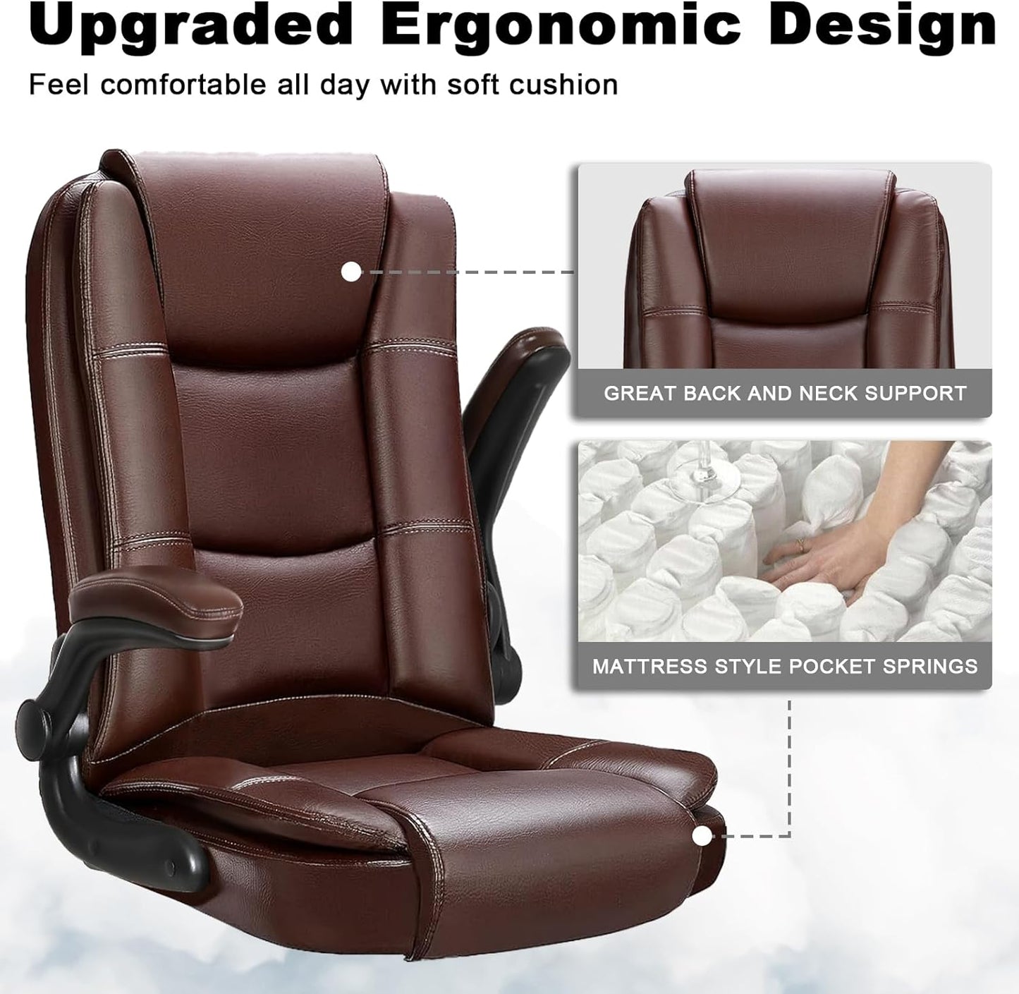 Big and Tall Office Chair Computer Desk Chair - Ergonomic High Back Lumbar Support Home Office Chair with Padded Flip-up Arms, Adjustable Height Leather Office Executive Chair (Brown)