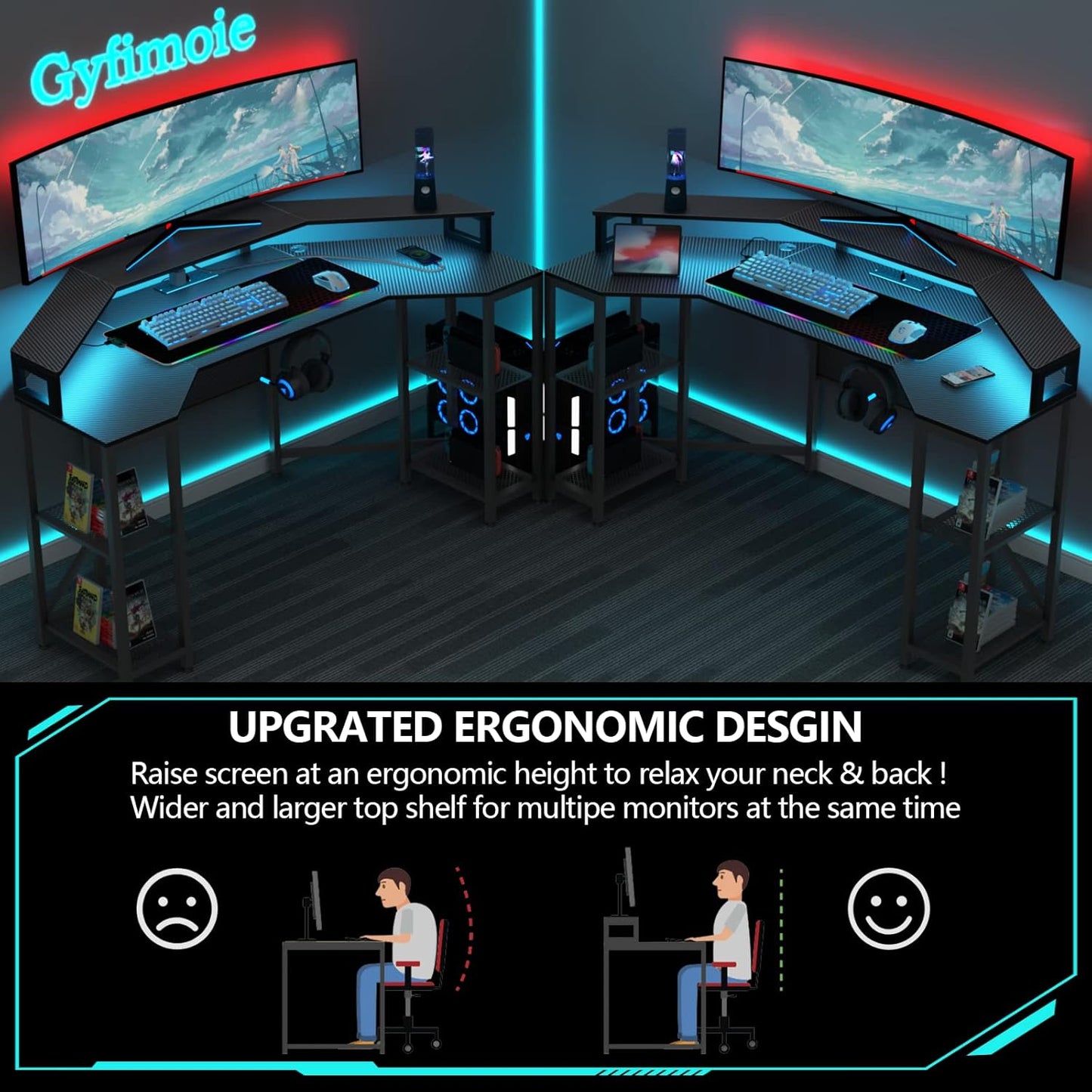 63" Computer Desk with Power Outlet & LED Light, Wing-Shaped Gaming Desk with Shelves, Full Monitor Stand,Wireless Charging,RGB Mouse Pad,Headphone Hook, Home Office Desk (Black)