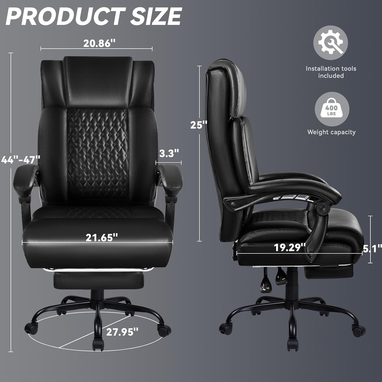 Office Chair,Big and Tall Office Chair with Foot Rest Ergonomic High Back Executive Office Chair 400lbs,Home Office Desk Chairs with Lumbar Support,Reclining Office Chair (Black)