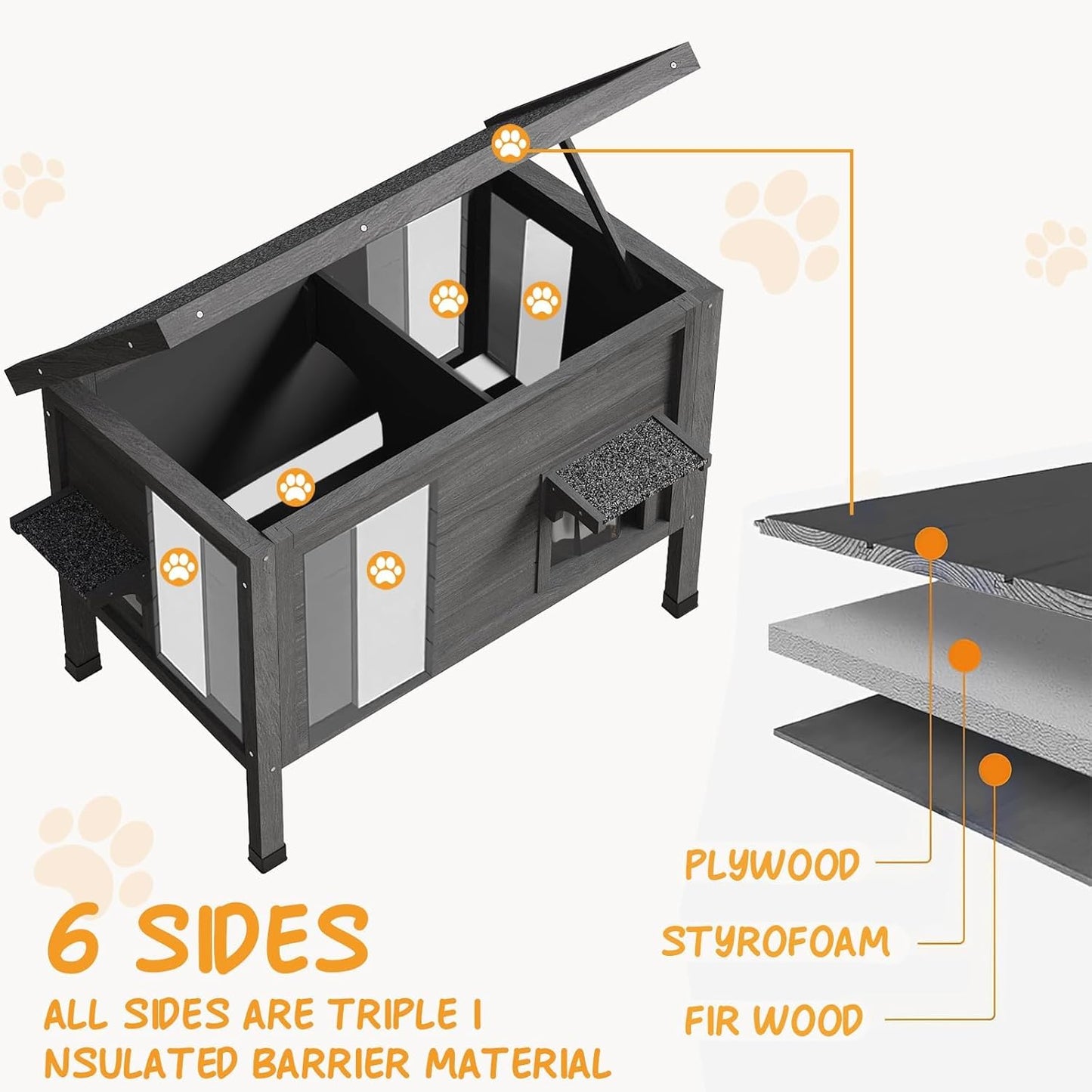 Outdoor Cat House Feral Cat Enclosure cat Houses for Cats Insulated with Escape Door All-Round Foam Weatherproof Winter Shelter-cat Houses Solid Wood Large Size 34.7" L*21.6" W*27.3" H