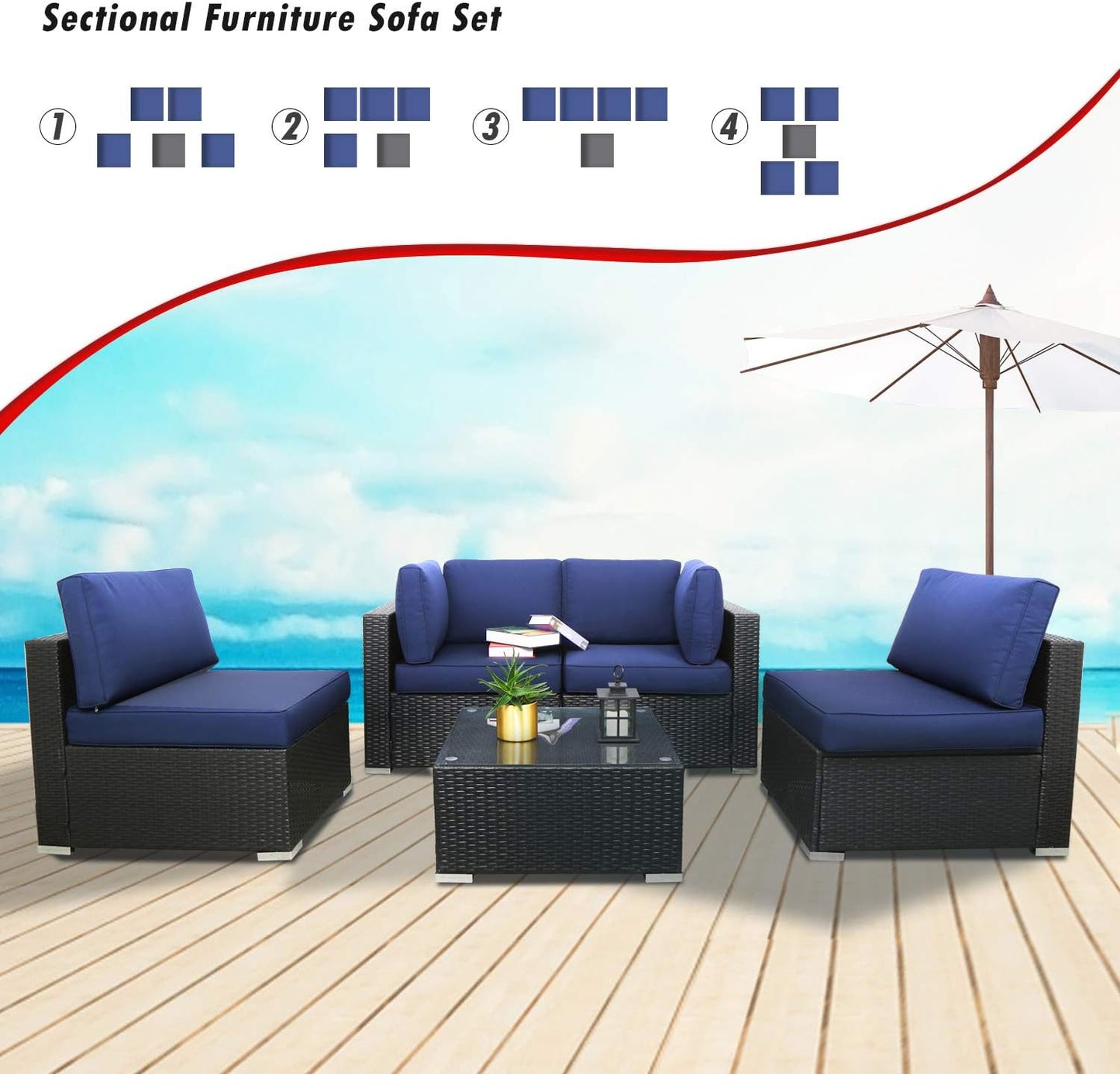 5pcs Outdoor Patio Furniture Set,Wicker Sofa Chairs PE Rattan Thick Cushions Couch with Tea Table and Washable Cushion(Dark Blue)