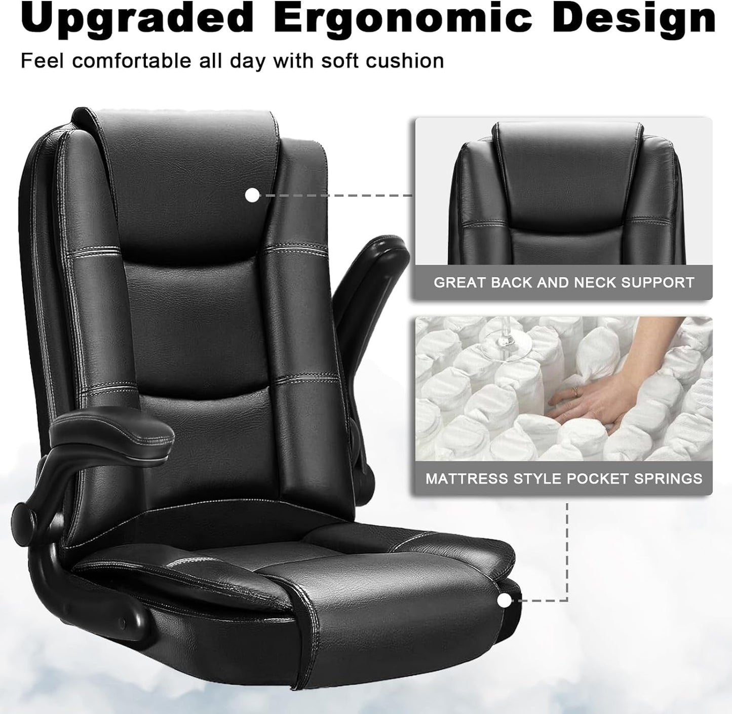 Big and Tall Office Chair Computer Desk Chair - Ergonomic High Back Lumbar Support Home Office Chair with Padded Flip-up Arms, Adjustable Height Leather Office Executive Chair (Black)