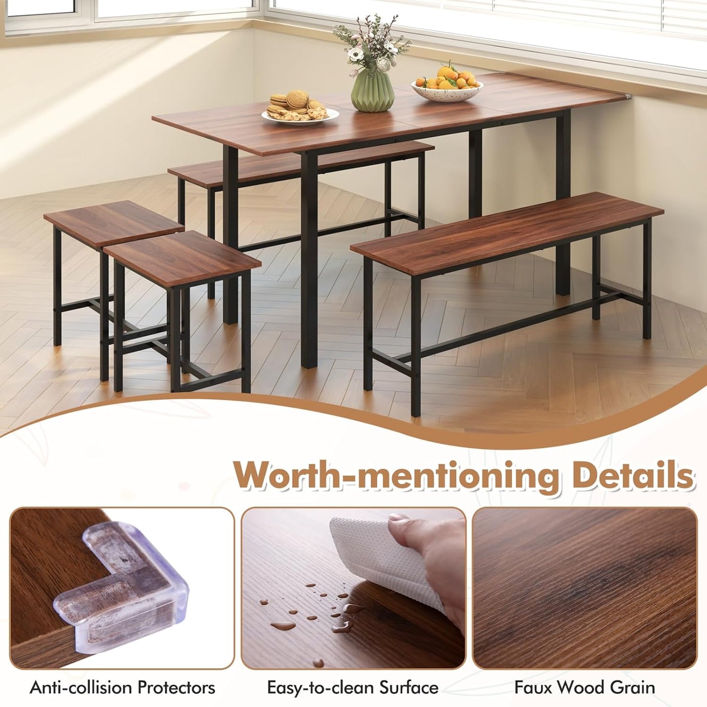 Dining Table Set for 4-6, 5-Piece Kitchen Table Chairs Set, 63” Extendable Table with 2 Benches, 2 Stools, Dinette Table Set, Breakfast Nook Table Set, Dining Room Table Set