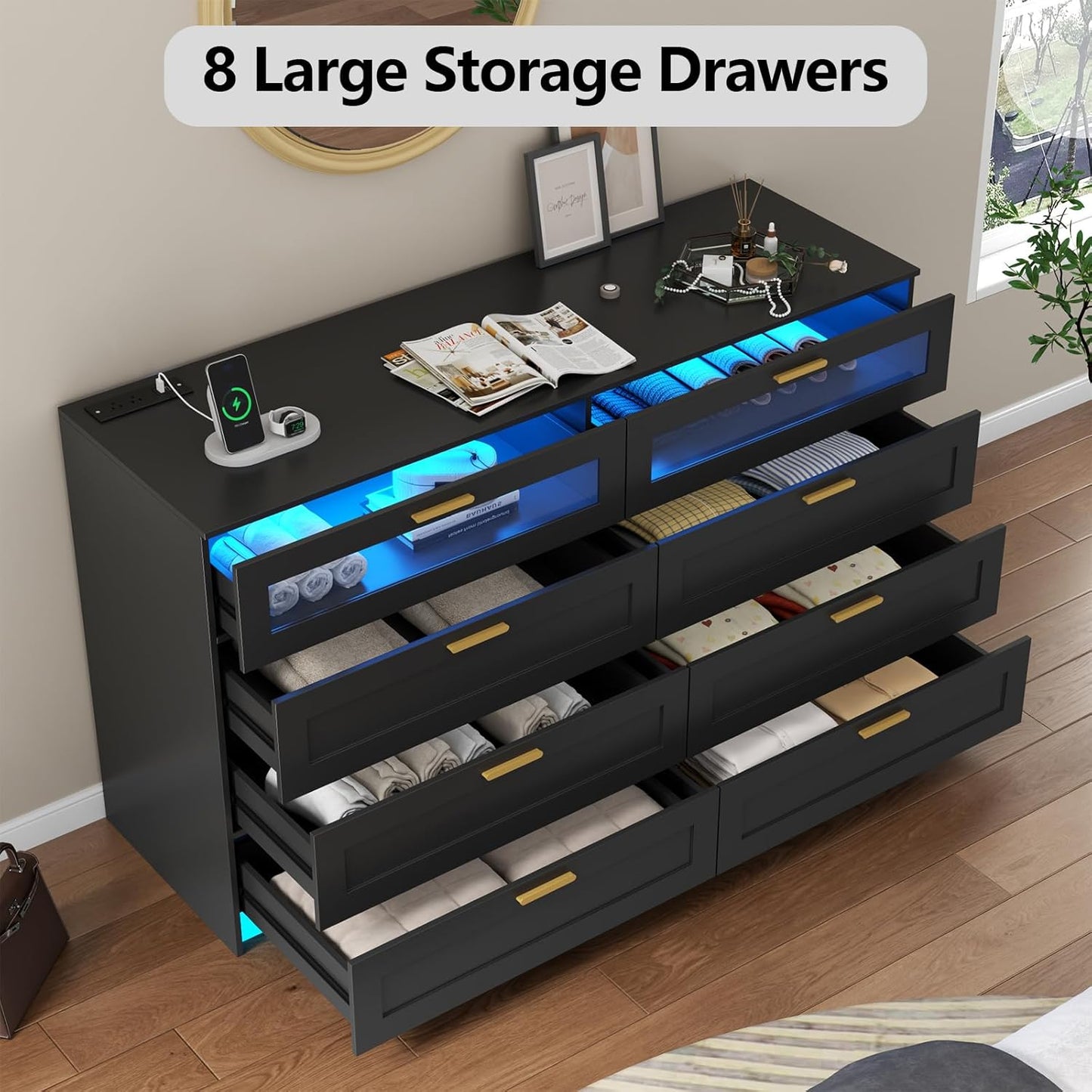 8 Drawers Dresser with Charging Station, White Dresser for Bedroom with LED Lights, Modern Chest of Drawers for Closet, Double Wide Dressers Organizer for Bedroom, Living Room, Entryway (Black)