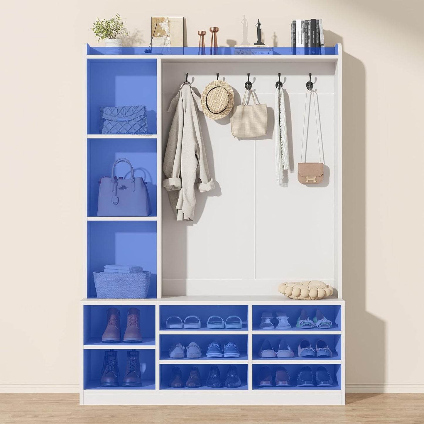 Hall Tree with Bench and Shoe Rack, 5-in-1 Entryway Bench, Coat Rack with 8 Shoe Cubbies & 5 Coat Hooks, Adjustable Shelf, Top and Side Storage, White