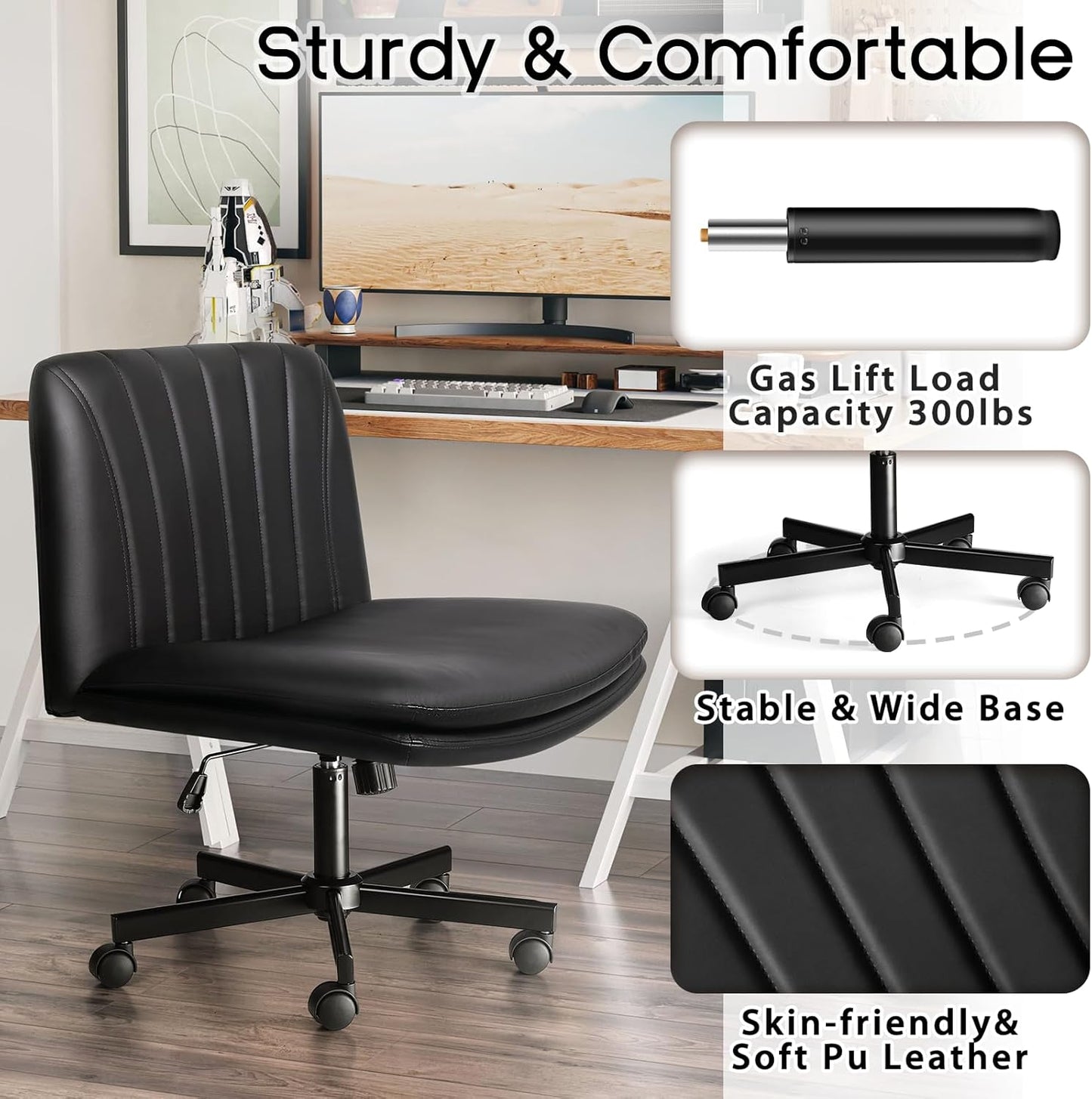 Modern Black Criss Cross Office Chair, Comfy Cross Legged Desk Chair with Wheels, PU Leather Armless Makeup Vanity Chair, Swivel Height Adjustable Mid Back Wide Seat Computer Task Chair