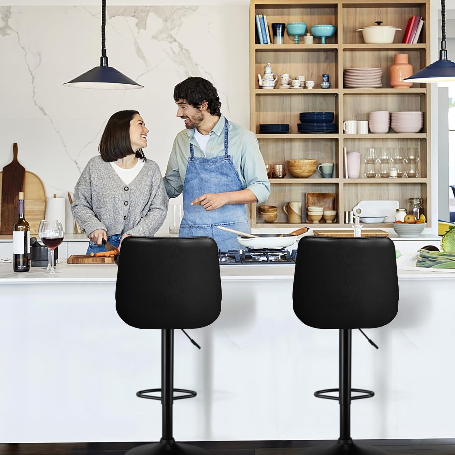 Adjustable Swivel Bar Stools Set of 2, Counter Height PU Leather Bar Stool with Back and footrest, Modern Upholstered Pub Bar Stools for Kitchen Island, 350 LBS Capacity