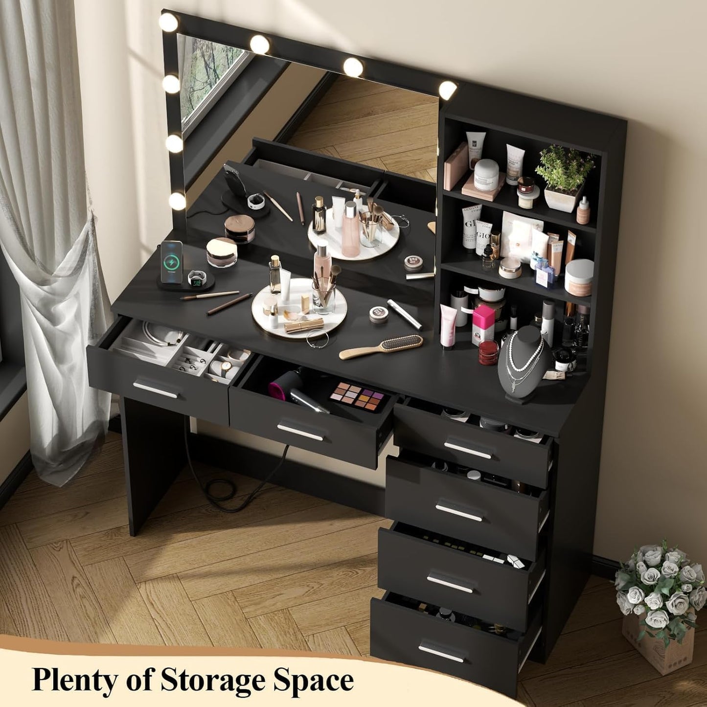 Vanity Desk with Lighted Mirror & Power Outlet, Makeup Vanity Table with 6 Drawers, 3-Tier Shelf, Vanity Dresser with 10 Lights in 3 Lighting Colors for Bathroom, Bedroom,Makeup Room, Black